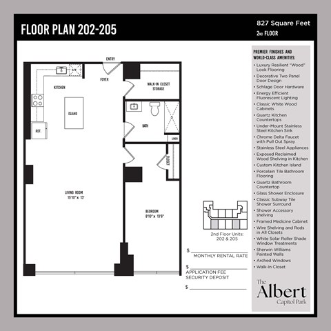 Floor plan for 1 bed, 1 bath, 827 sqft